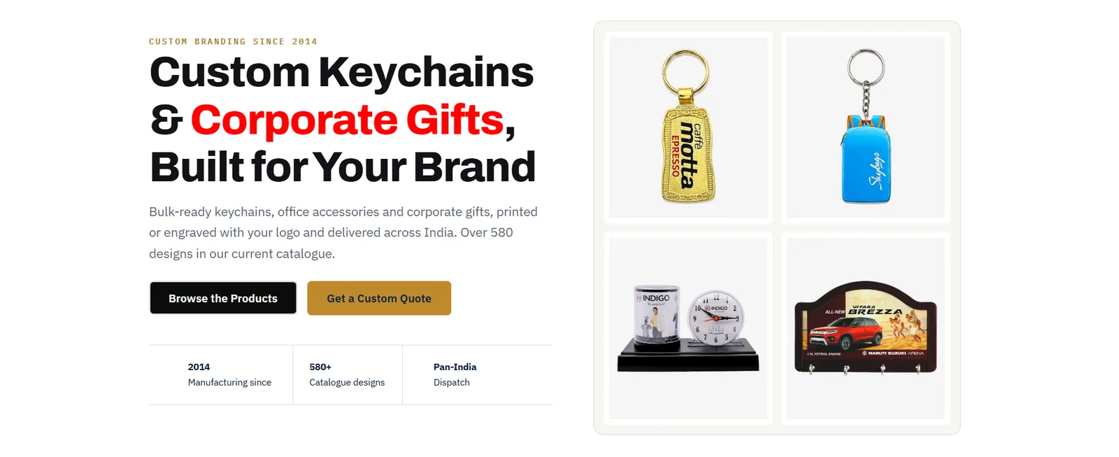 The catalogue home page, stating custom keychains and corporate gifts built for a buyer’s brand, with years trading, catalogue size and dispatch reach counted beneath.