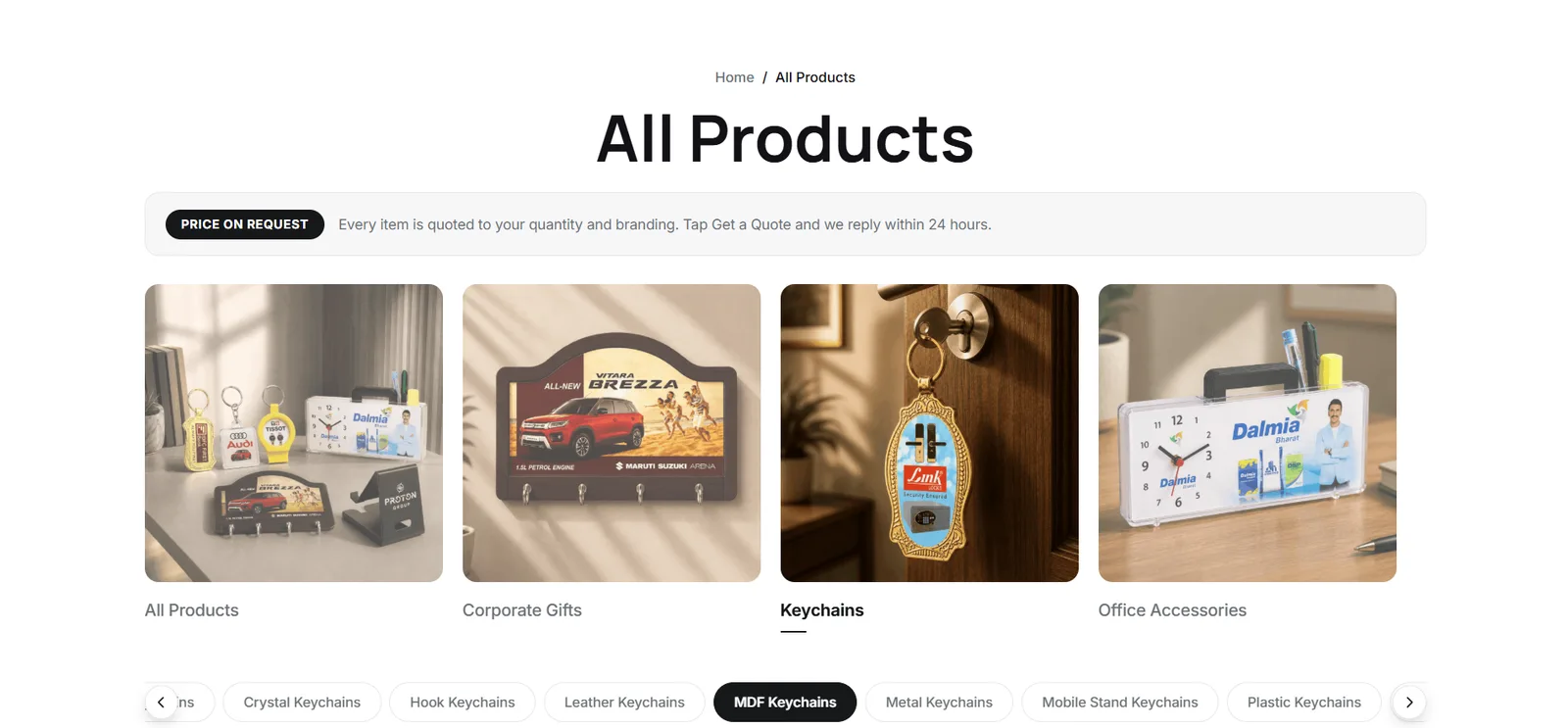 The all-products page opening on a price-on-request band, with four category tiles and a scrolling row of sub-category chips beneath it.