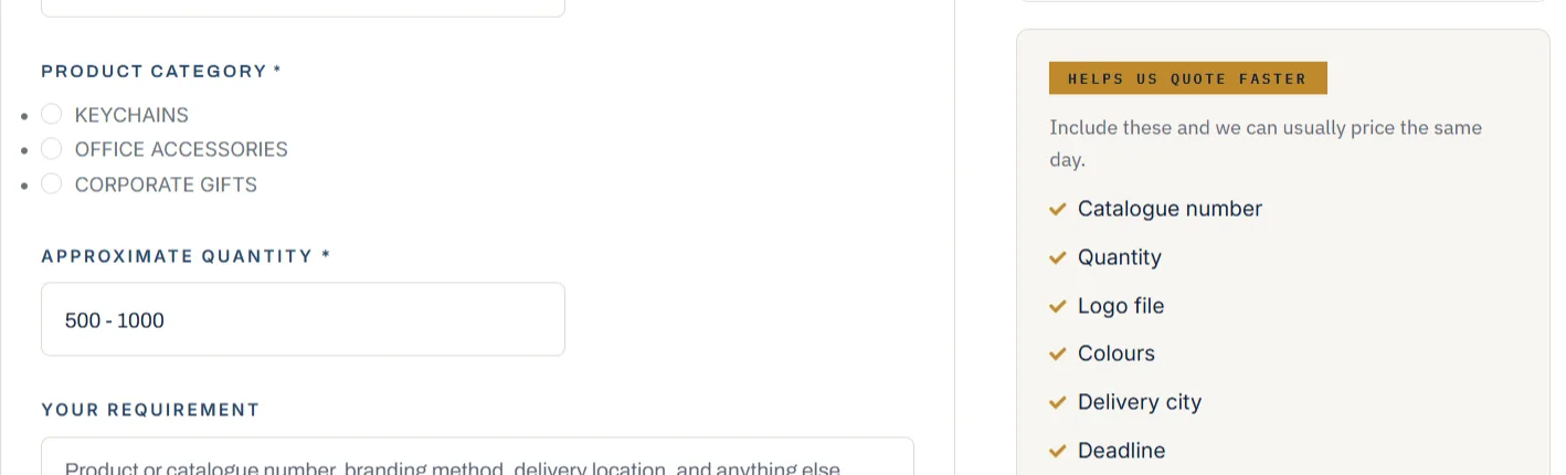 The quote request form asking for product category, approximate quantity and the requirement, beside a panel listing what earns a same-day price.