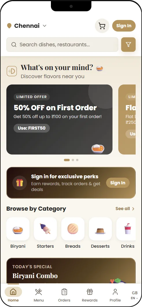 The mobile app home screen with offers, categories and a city switch.