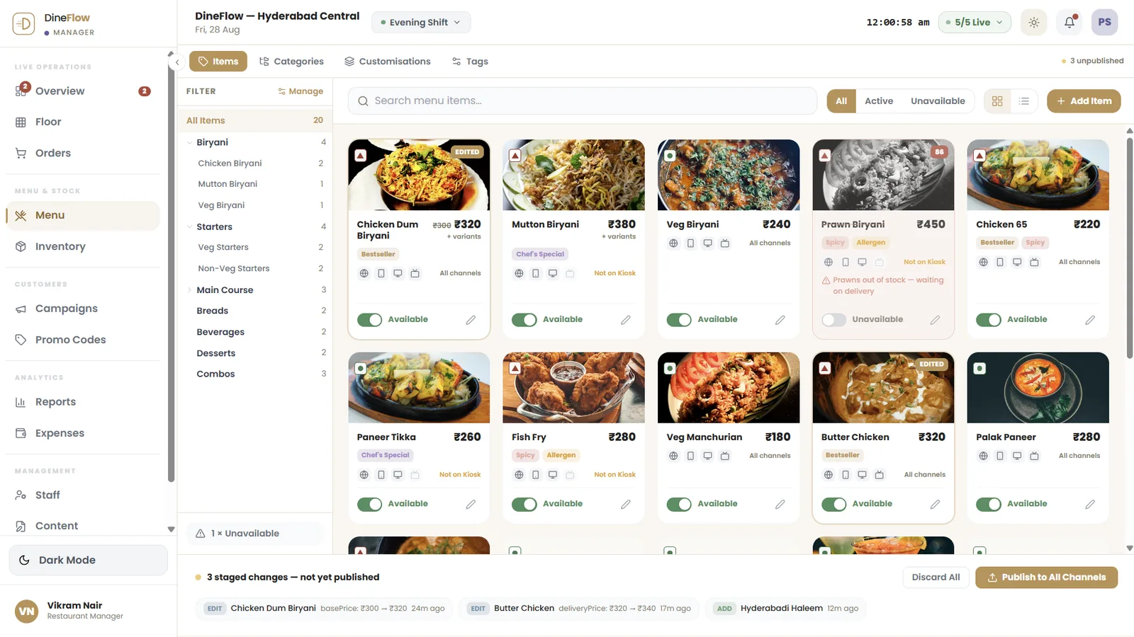 The menu editor with pending changes collected in a tray for review before publishing.