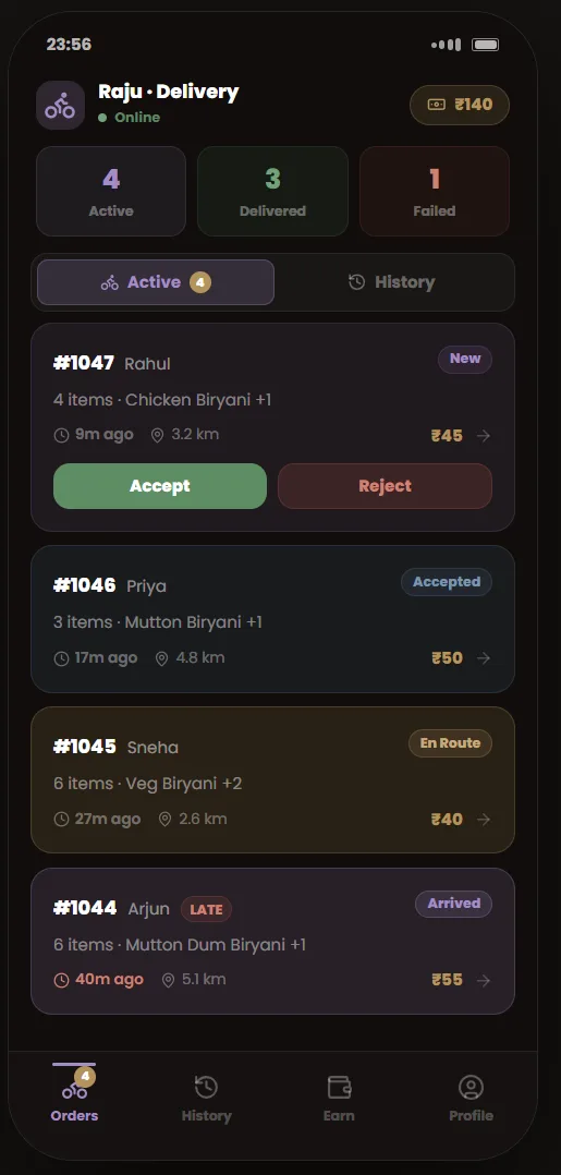 The rider app listing deliveries to accept or reject, each with distance, item count and fee.