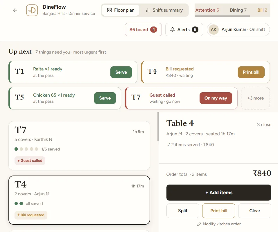 The waiter view, listing tables that need attention with the most urgent first.