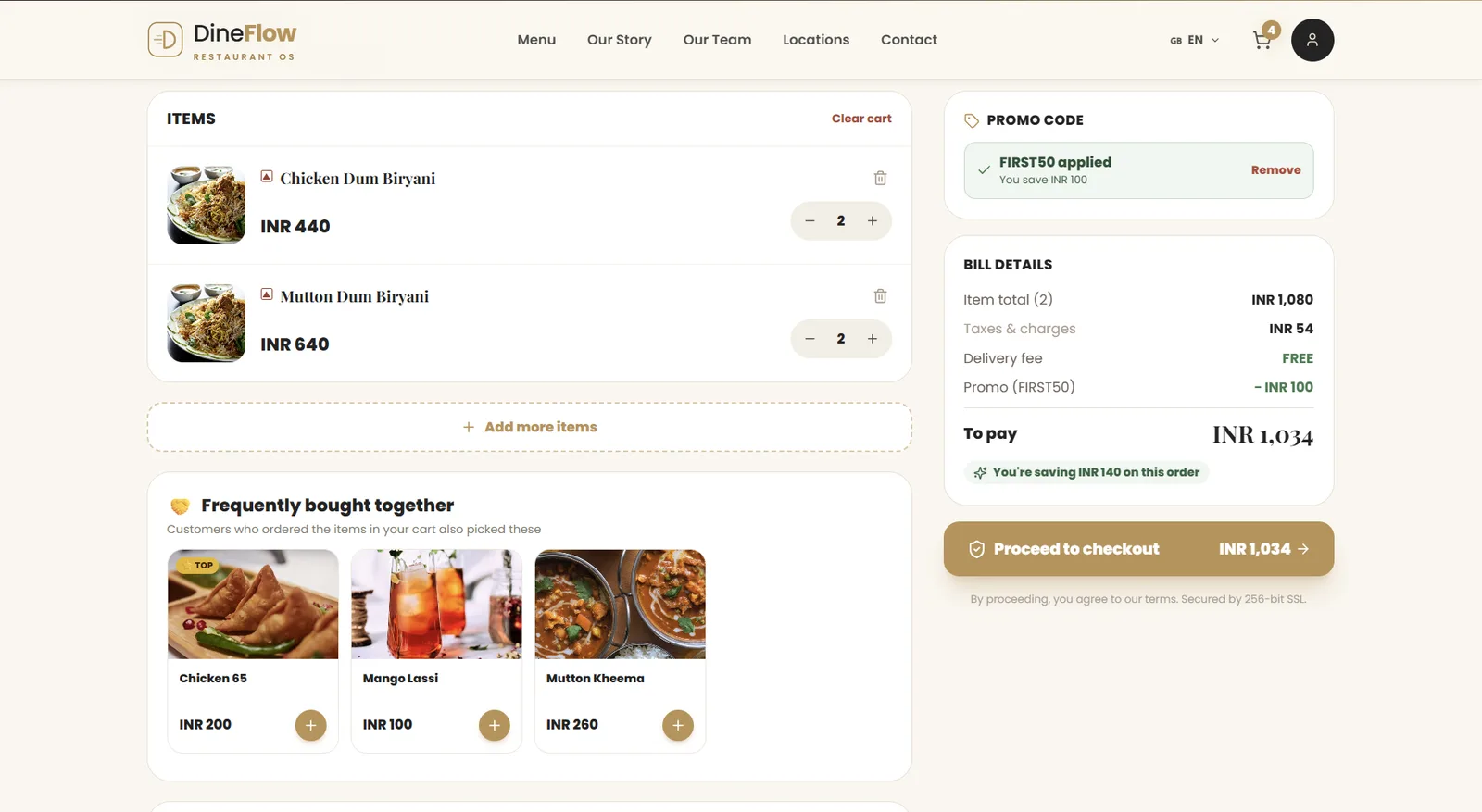 The cart with item total, taxes, delivery fee and an applied promo as separate lines, and the payable amount on the checkout button.