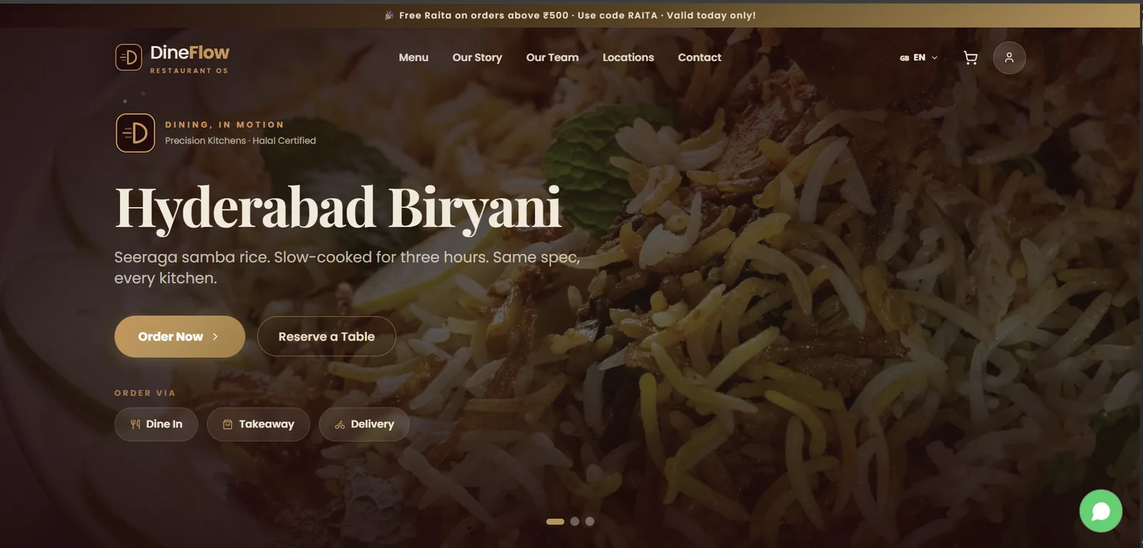 The DineFlow web storefront, opening on a dish with dine-in, takeaway and delivery offered as three buttons.