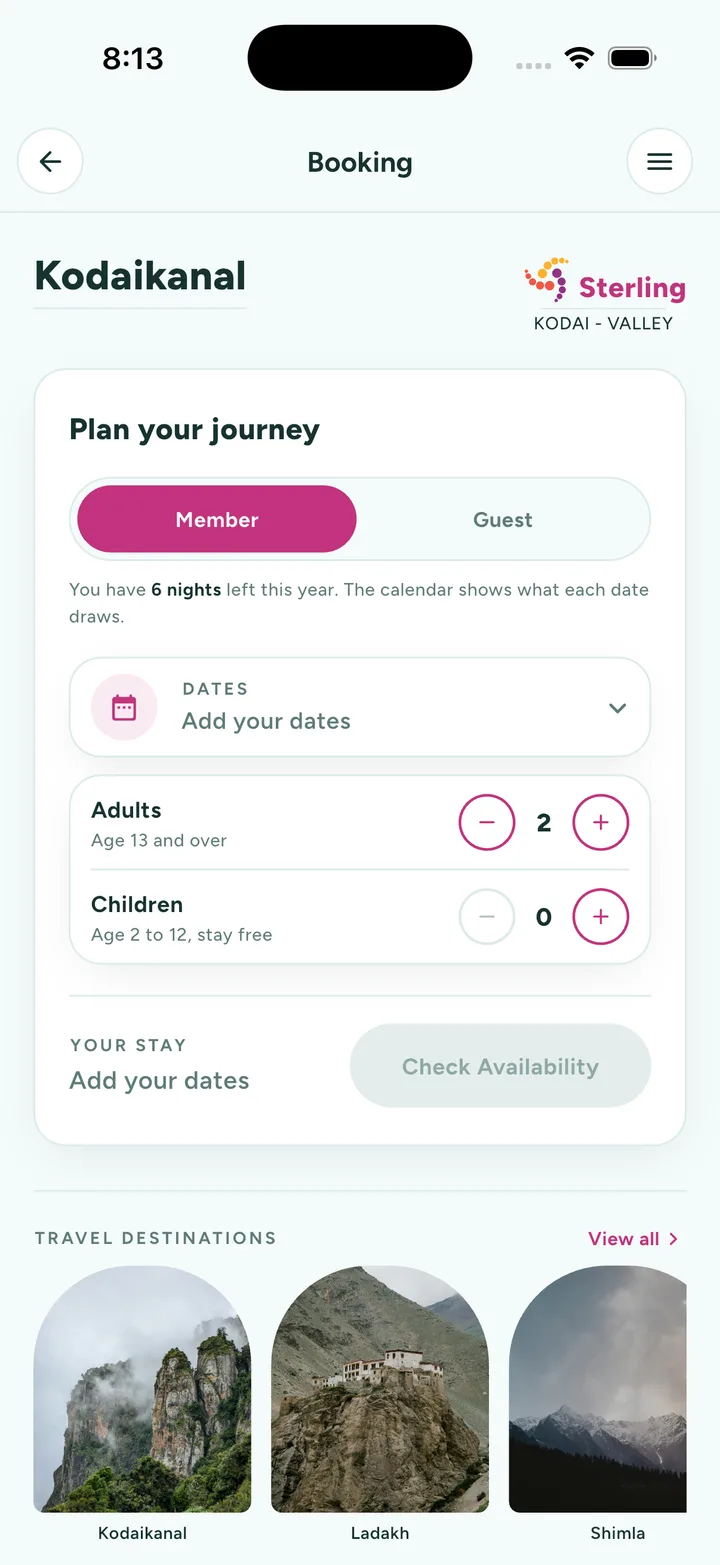 The booking screen: a plan-your-journey card with a member and guest toggle, a line stating the nights remaining this year, a date field, adult and child steppers, and a check-availability button, over a row of travel destinations.