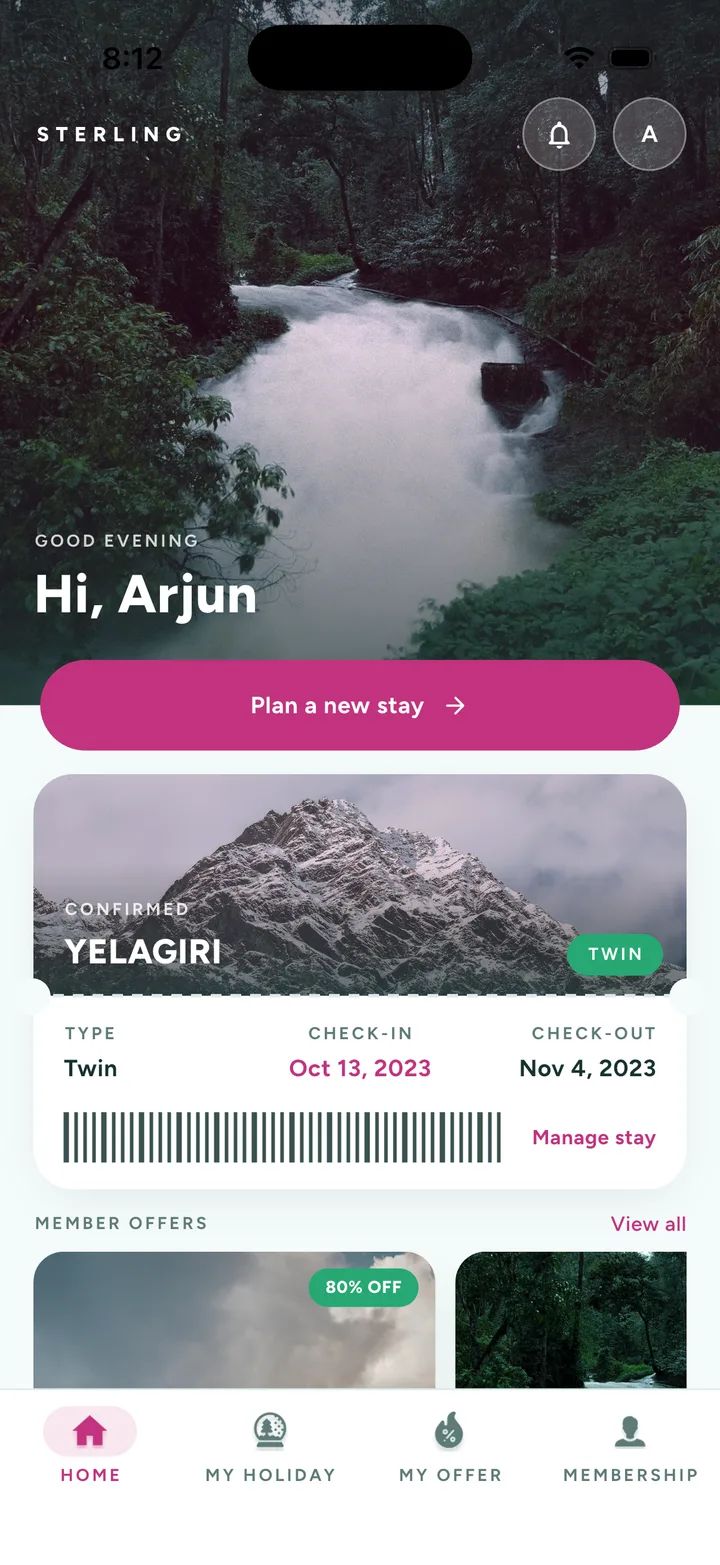 The app home screen: a greeting over a rainforest photograph, a plan-a-new-stay button, the confirmed stay as a pass card with its dates and barcode, and the top of the member offers row above a four-tab bar.