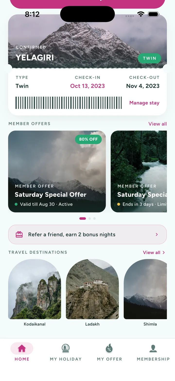 The home screen scrolled to the member offers carousel, a referral banner, and a row of travel destinations under arched photographs.
