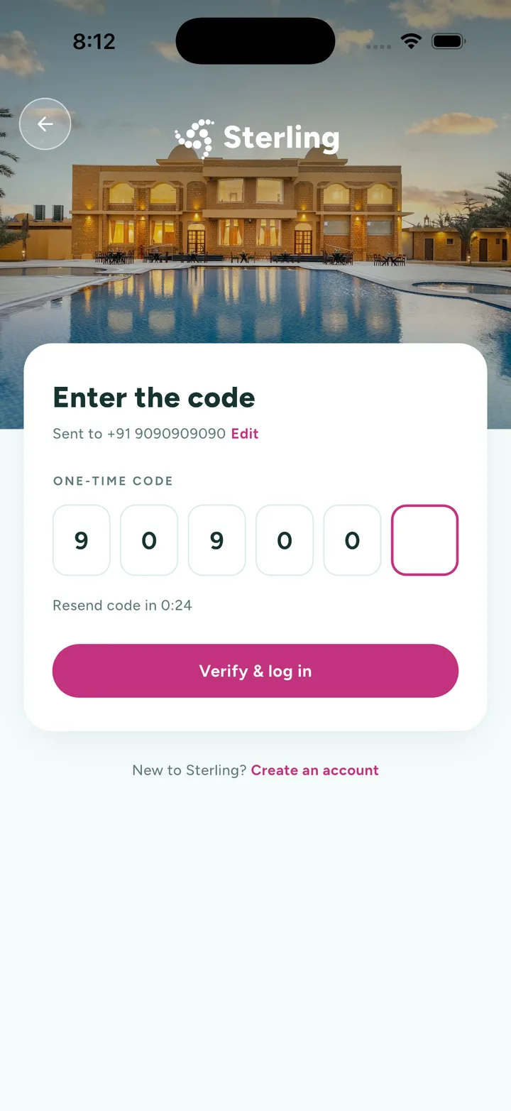 The verification screen: six single-digit boxes, the number the code went to with an edit link beside it, and a resend countdown under them.