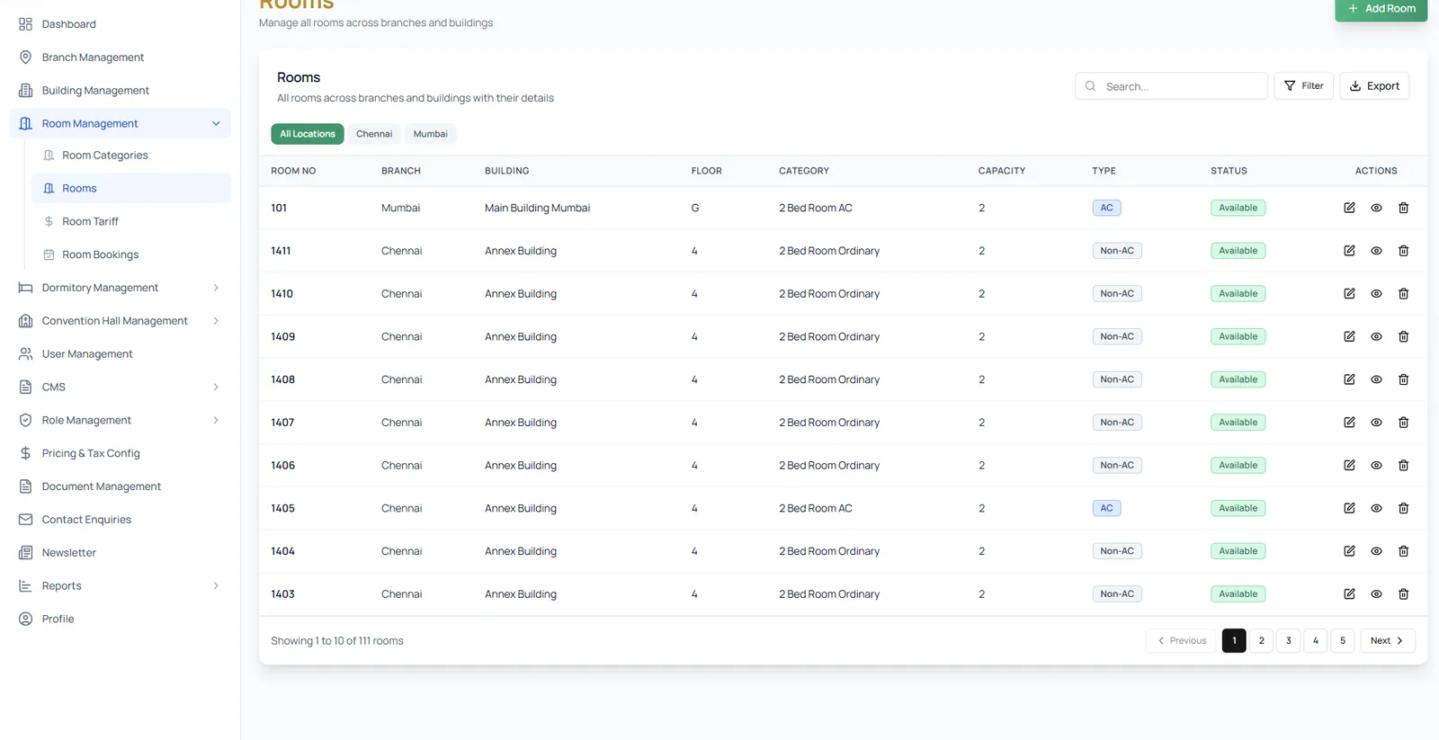 A super admin room list spanning both branches, with a branch column and a location filter over the same table the console uses.
