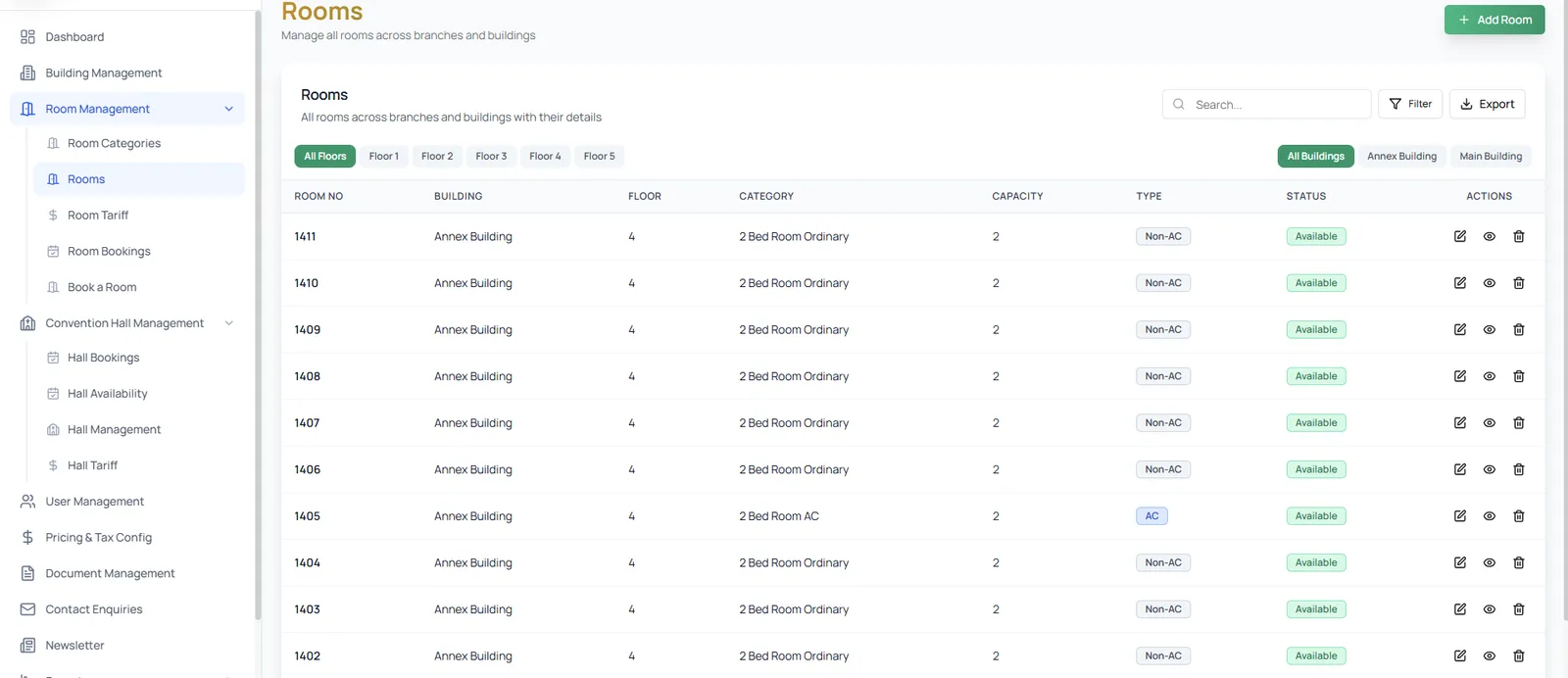 A branch console room list with room number, building, floor, category, capacity, AC type and status on every row.