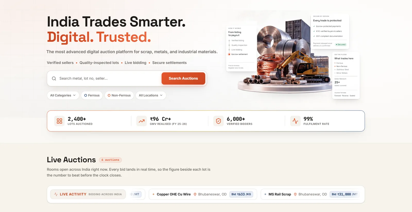 A scrap and metal auction marketplace home page, open to a guest, with live auctions and lot statistics visible before login.