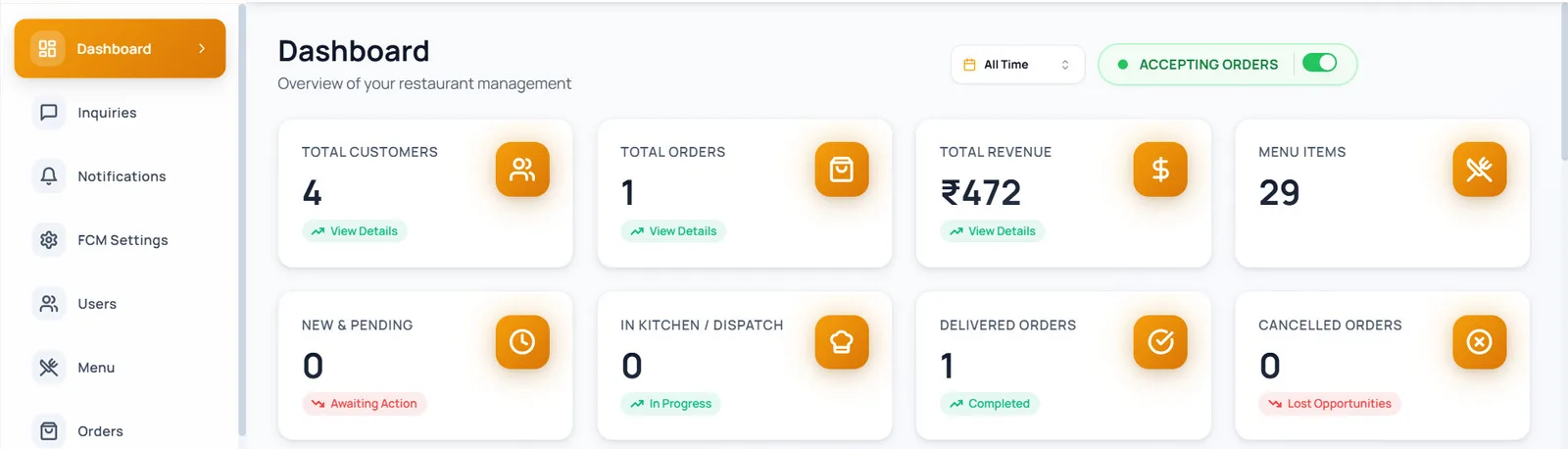 The console dashboard with customers, orders, revenue and menu items on one row, and new, in-kitchen, delivered and cancelled orders on the next.