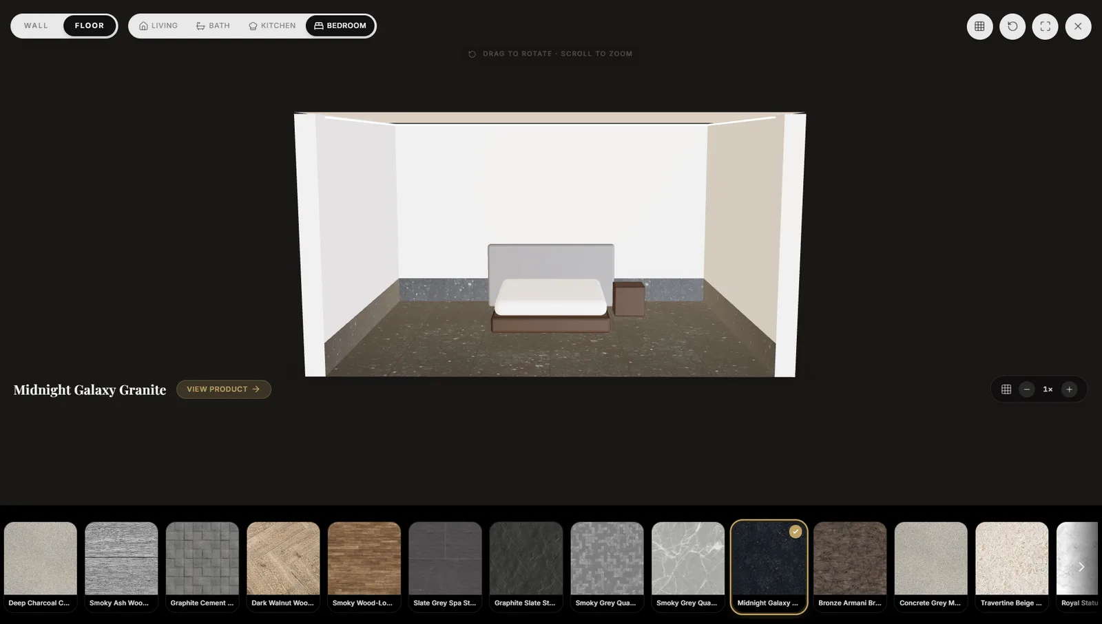 A 3D room viewer showing a furnished bedroom with a dark speckled granite laid across the floor, a rail of finishes beneath it and a drag-to-rotate instruction above.