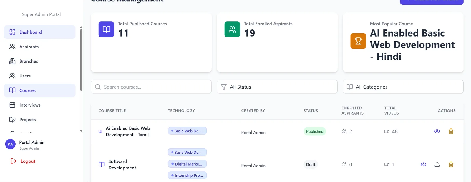A course management screen listing courses with technology tags, publication state, enrolled count and video count on each row.
