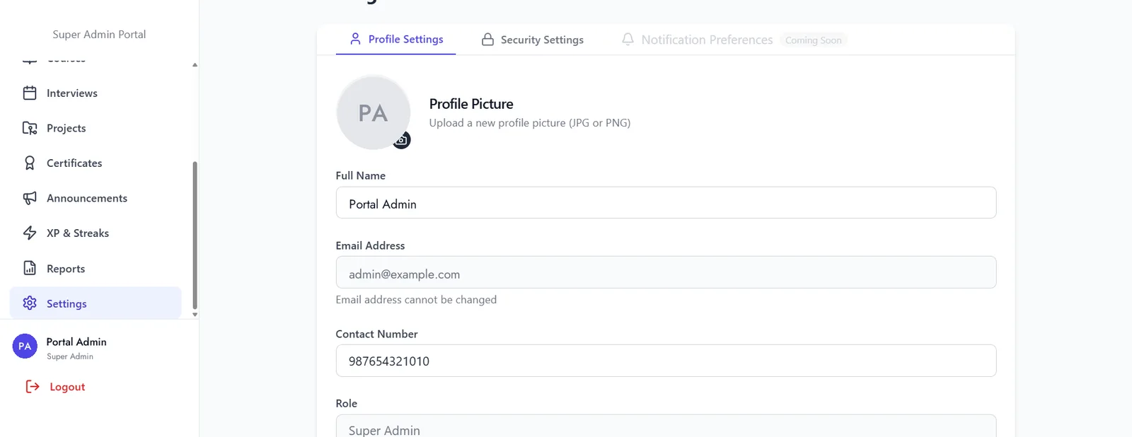 A profile settings screen with a full name field editable, an email field locked, and a read-only role field.
