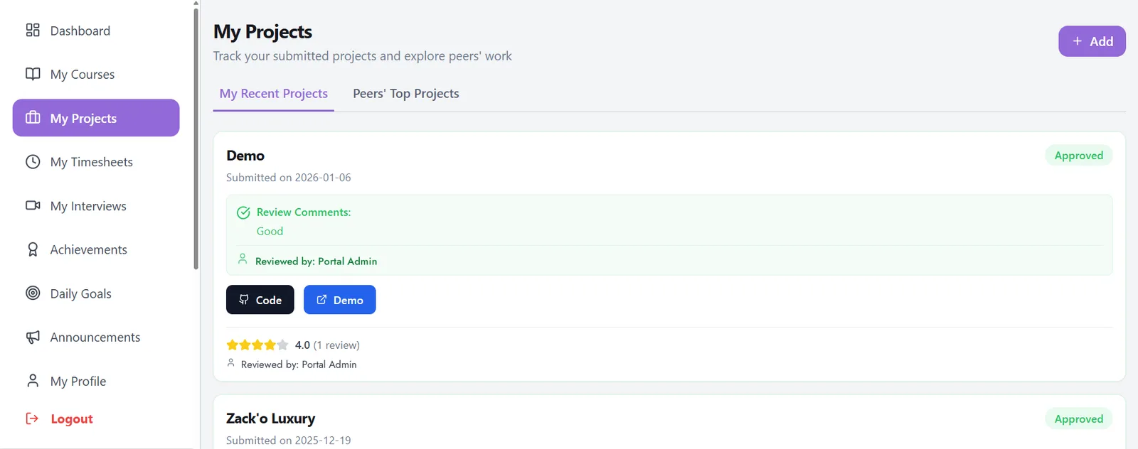 A projects screen with a submitted project, its code and demo links, and a written review with a score.